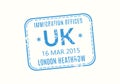 UK Passport stamp. United Kingdom visa stamp for travel. London international airport grunge sign. Immigration